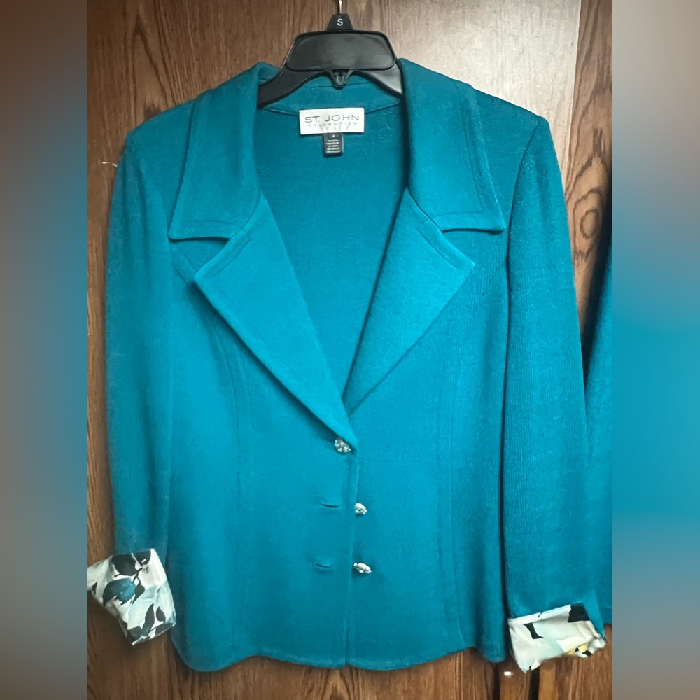 St. John Collection Teal Blue Blazer and Skirt with silk blue & and white cuff.